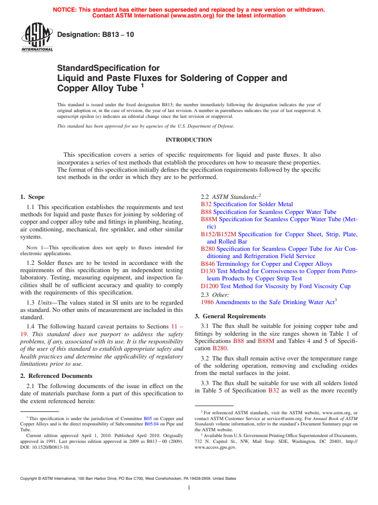 ASTM B813-10 - Standard Specification for Liquid and Paste Fluxes for Soldering of Copper and Copper Alloy Tube