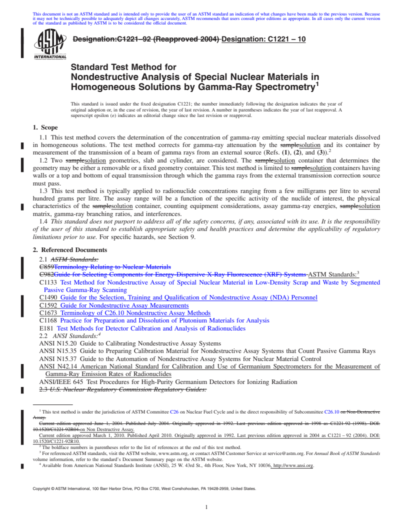 REDLINE ASTM C1221-10 - Standard Test Method for Nondestructive Analysis of Special Nuclear Materials in Homogeneous Solutions by Gamma-Ray Spectrometry