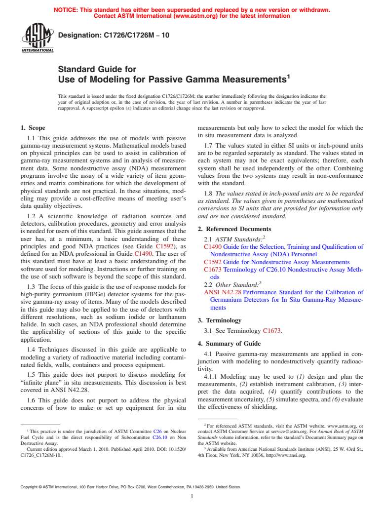 ASTM C1726/C1726M-10 - Standard Guide for Use of Modeling for Passive Gamma Measurements