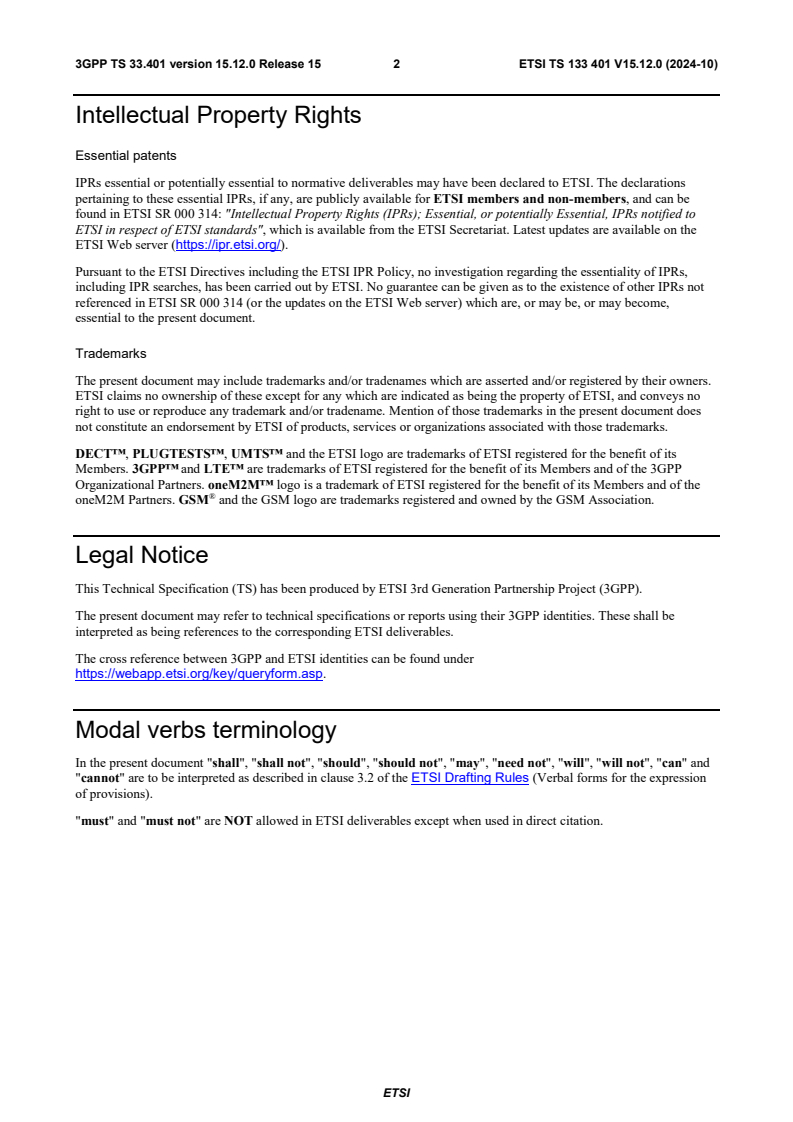 ETSI TS 133 401 V15.12.0 (2024-10) - Digital cellular telecommunications system (Phase 2+) (GSM); Universal Mobile Telecommunications System (UMTS); LTE; 3GPP System Architecture Evolution (SAE); Security architecture (3GPP TS 33.401 version 15.12.0 Release 15)