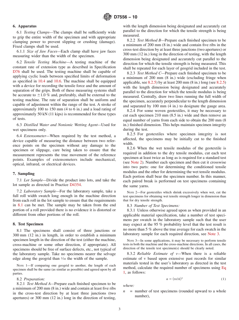 ASTM D7556-10 - Standard Test Methods for Determining Small-Strain Tensile Properties of Geogrids and Geotextiles by In-Air Cyclic Tension Tests