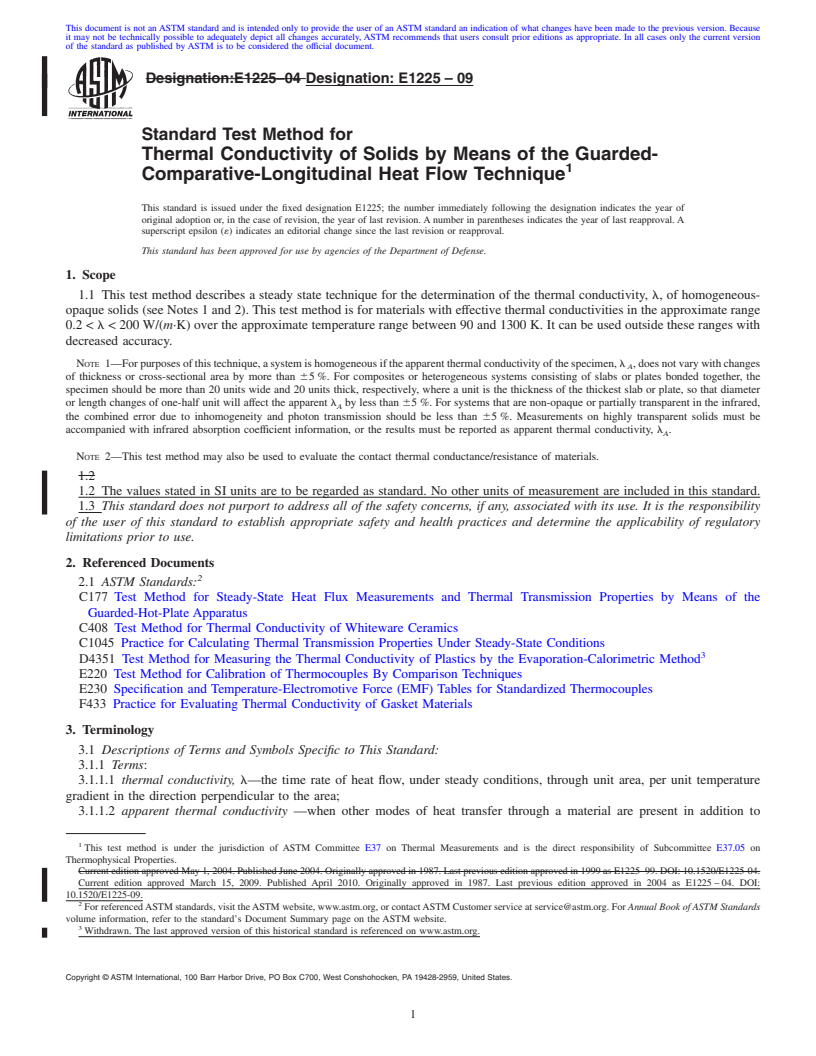 REDLINE ASTM E1225-09 - Standard Test Method for Thermal Conductivity of Solids by Means of the Guarded-Comparative-Longitudinal Heat Flow Technique