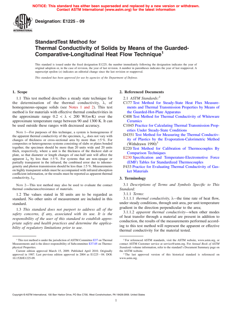 ASTM E1225-09 - Standard Test Method for Thermal Conductivity of Solids by Means of the Guarded-Comparative-Longitudinal Heat Flow Technique