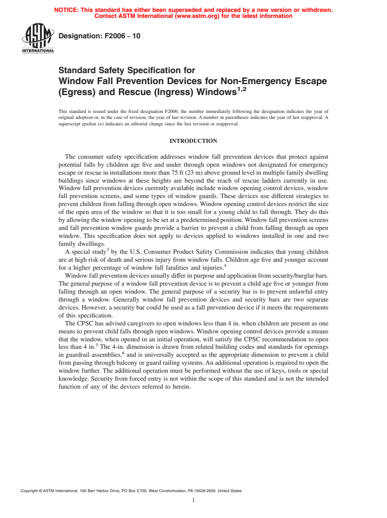 ASTM F2006-10 - Standard Safety Specification for Window Fall Prevention Devices for Non-Emergency Escape (Egress) and Rescue (Ingress) Windows