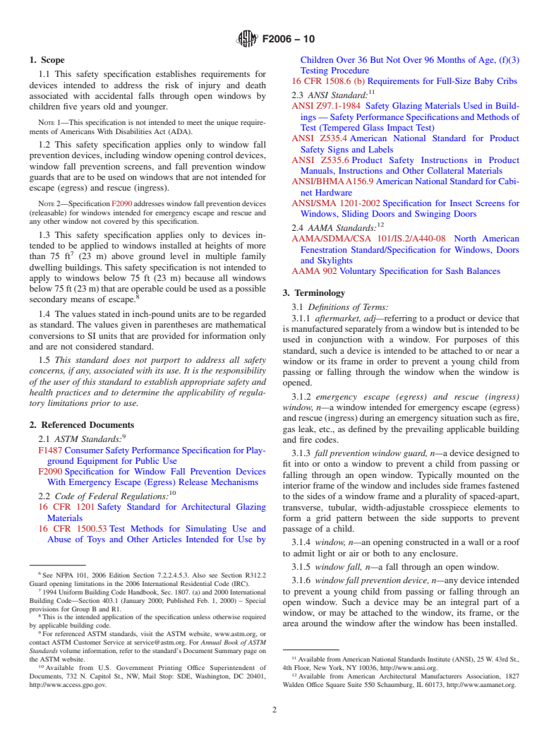 ASTM F2006-10 - Standard Safety Specification for Window Fall Prevention Devices for Non-Emergency Escape (Egress) and Rescue (Ingress) Windows