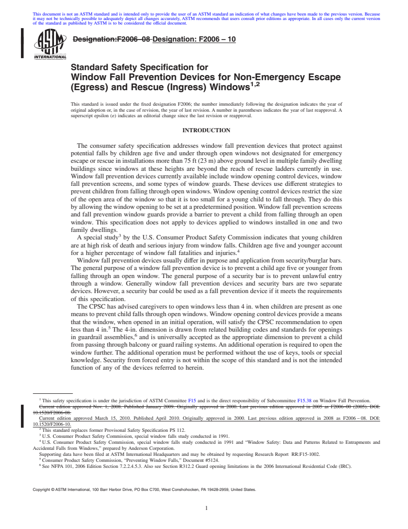 REDLINE ASTM F2006-10 - Standard Safety Specification for Window Fall Prevention Devices for Non-Emergency Escape (Egress) and Rescue (Ingress) Windows