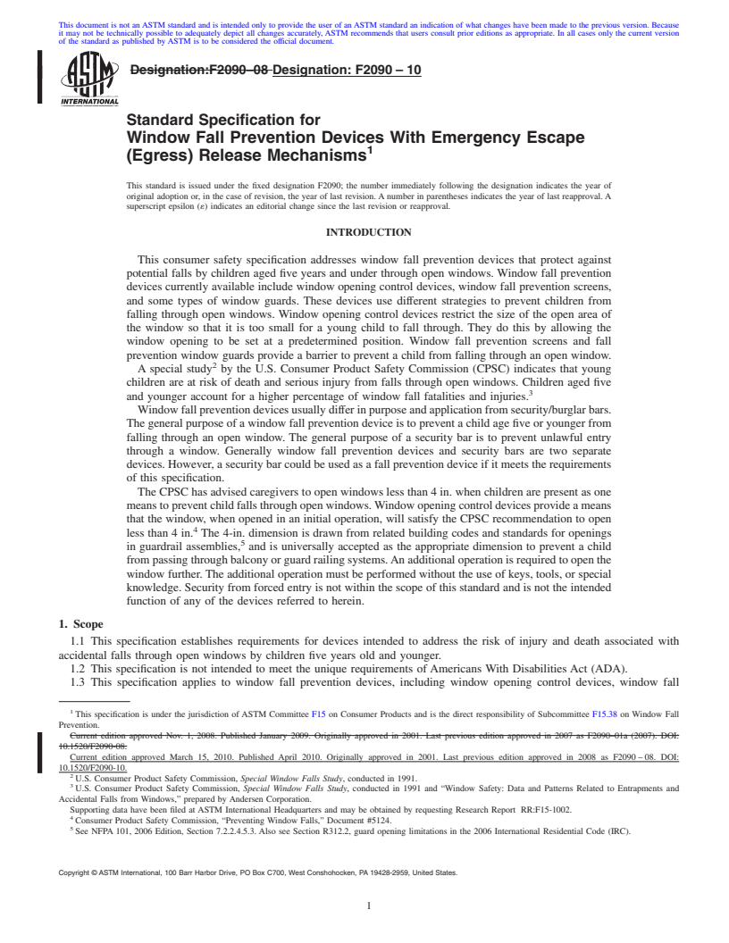 REDLINE ASTM F2090-10 - Standard Specification for Window Fall Prevention Devices With Emergency Escape (Egress) Release Mechanisms