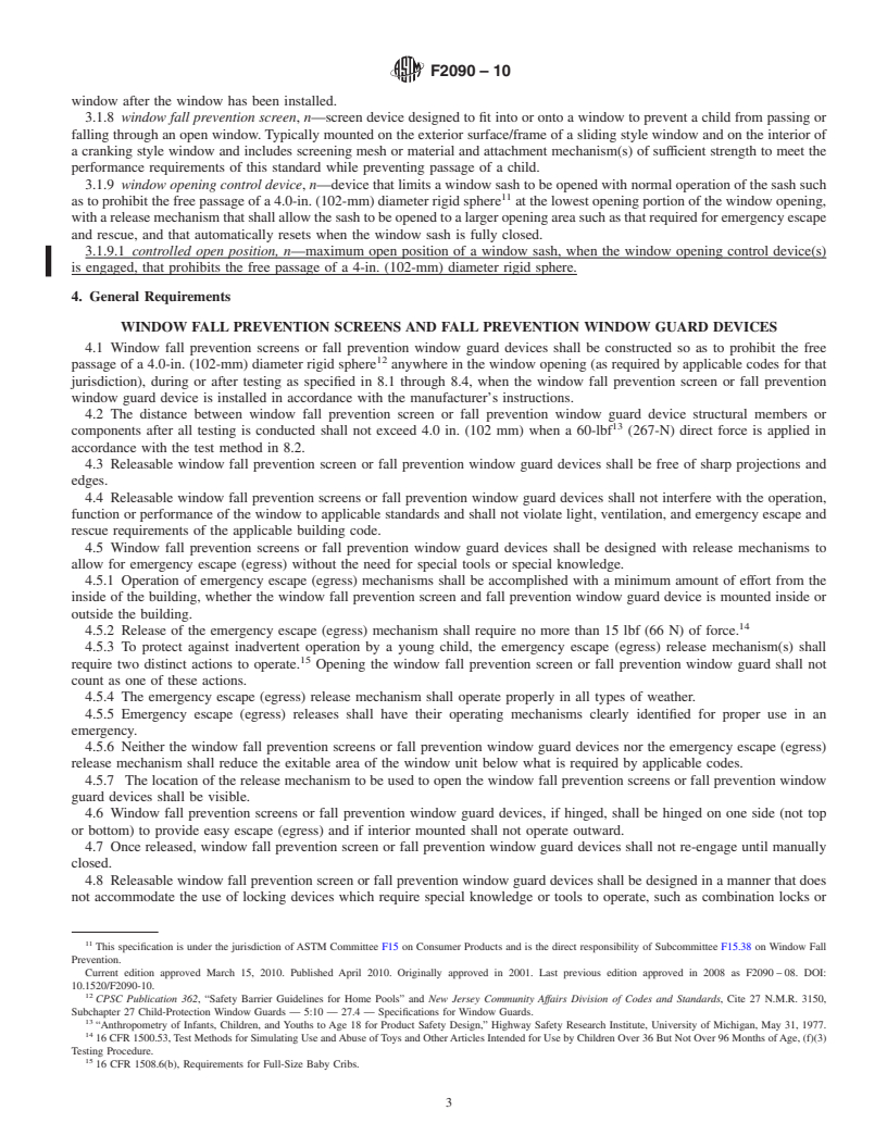 REDLINE ASTM F2090-10 - Standard Specification for Window Fall Prevention Devices With Emergency Escape (Egress) Release Mechanisms