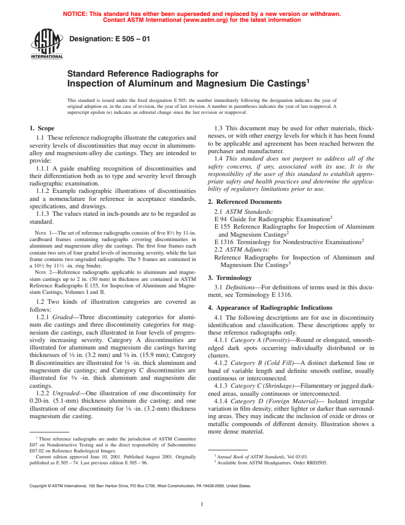 ASTM E505-01 - Standard Reference Radiographs for Inspection of Aluminum and Magnesium Die Castings