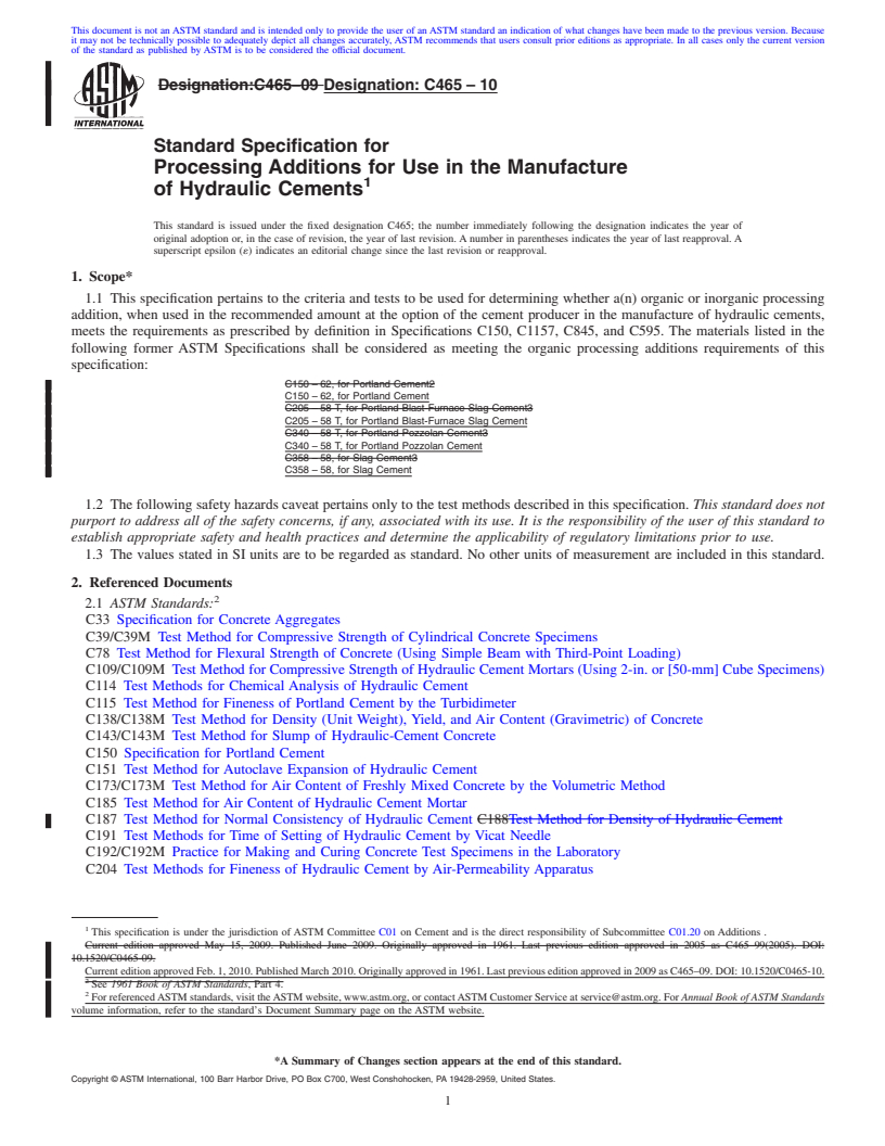 REDLINE ASTM C465-10 - Standard Specification for Processing Additions for Use in the Manufacture of Hydraulic Cements