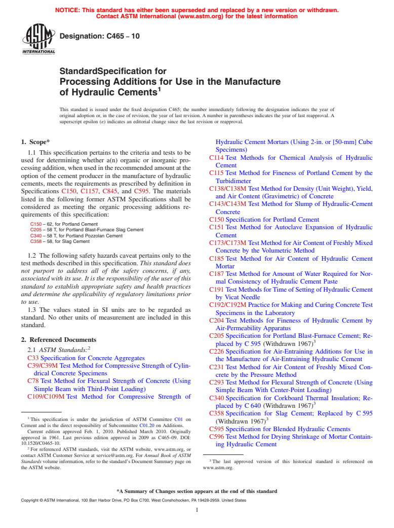 ASTM C465-10 - Standard Specification for Processing Additions for Use in the Manufacture of Hydraulic Cements