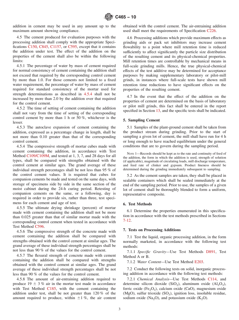 ASTM C465-10 - Standard Specification for Processing Additions for Use in the Manufacture of Hydraulic Cements