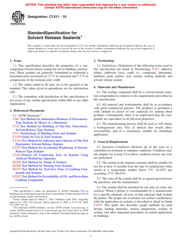 ASTM C1311-10 - Standard Specification for Solvent Release Sealants