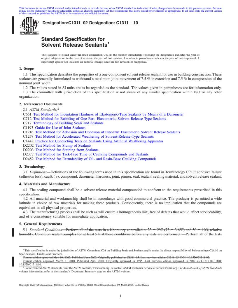 REDLINE ASTM C1311-10 - Standard Specification for Solvent Release Sealants