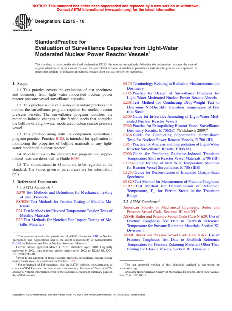 ASTM E2215-10 - Standard Practice for Evaluation of Surveillance Capsules from Light-Water Moderated Nuclear Power Reactor Vessels