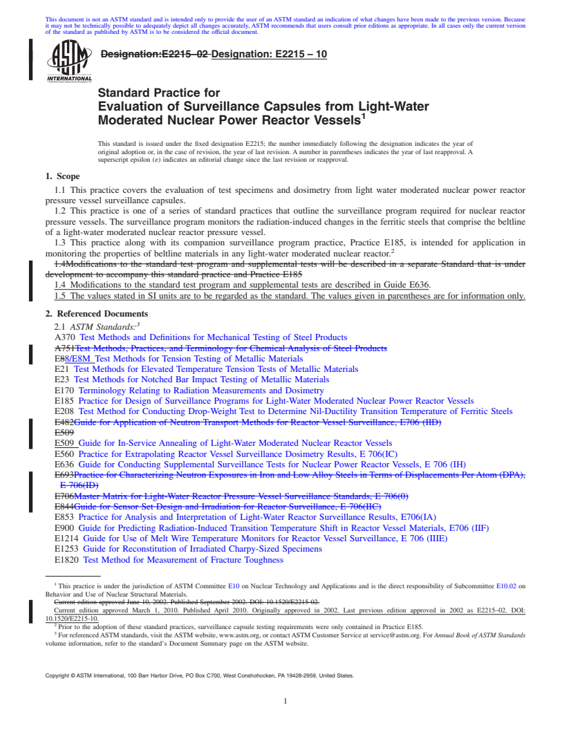 REDLINE ASTM E2215-10 - Standard Practice for Evaluation of Surveillance Capsules from Light-Water Moderated Nuclear Power Reactor Vessels