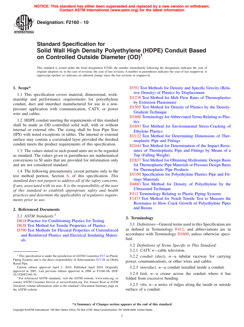 ASTM F2160-10 - Standard Specification for Solid Wall High Density Polyethylene (HDPE) Conduit Based on Controlled Outside Diameter (OD)