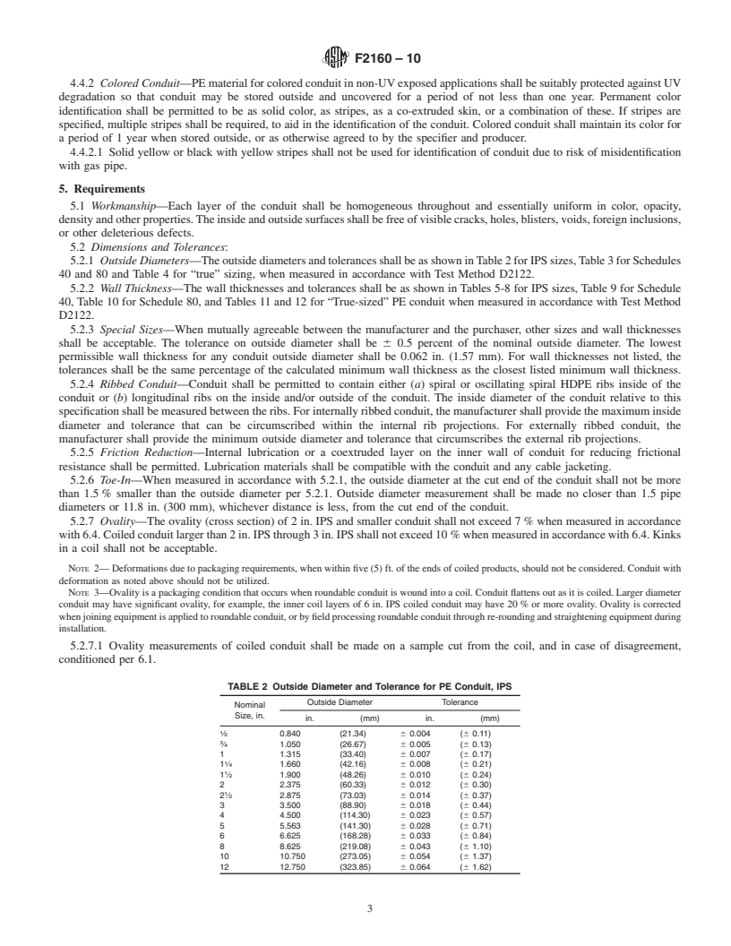 REDLINE ASTM F2160-10 - Standard Specification for Solid Wall High Density Polyethylene (HDPE) Conduit Based on Controlled Outside Diameter (OD)