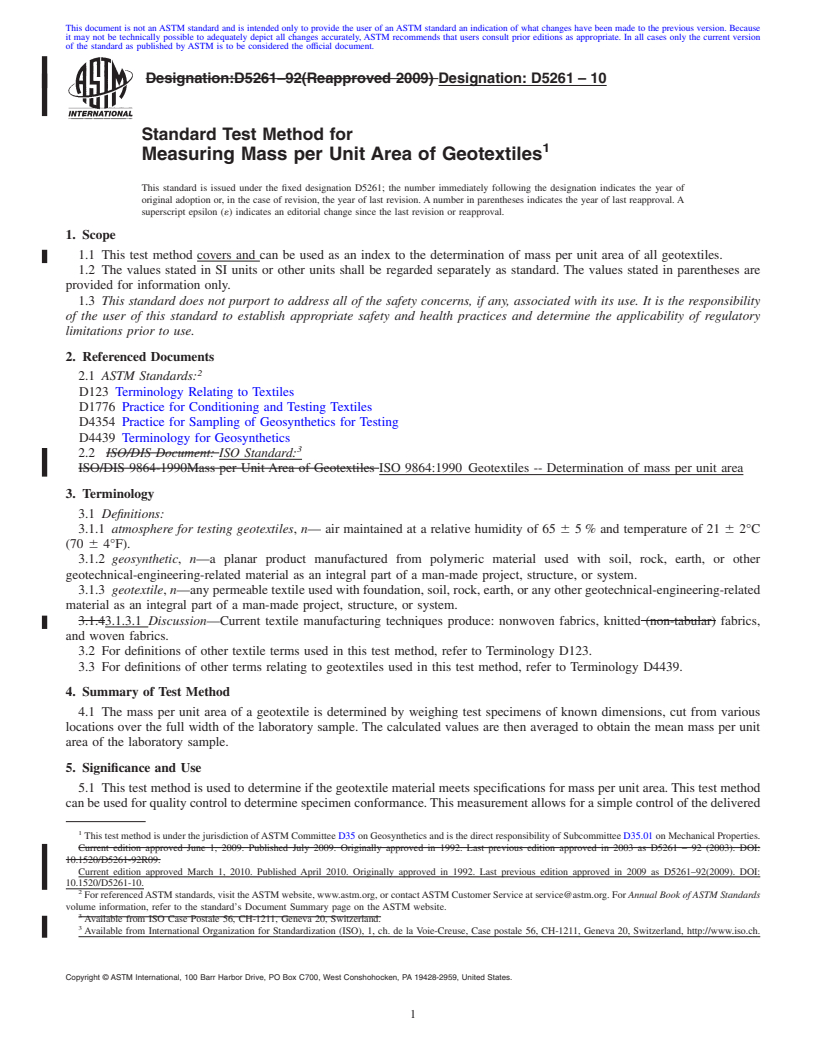 REDLINE ASTM D5261-10 - Standard Test Method for Measuring Mass per Unit Area of Geotextiles