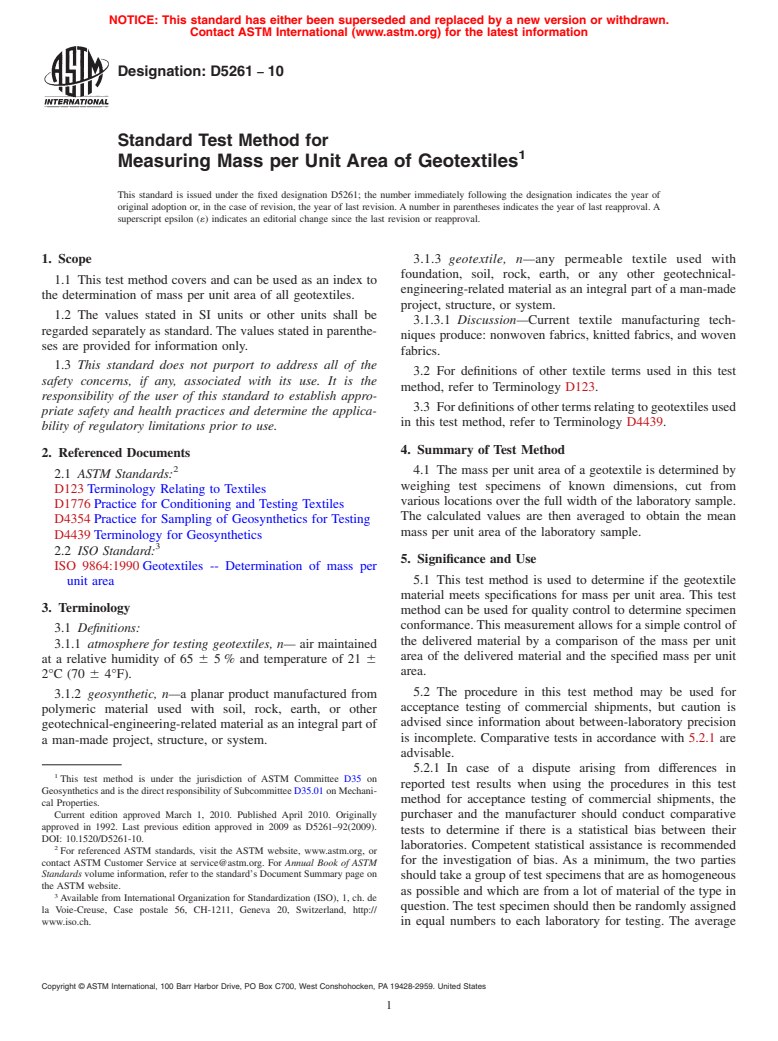 ASTM D5261-10 - Standard Test Method for Measuring Mass per Unit Area of Geotextiles