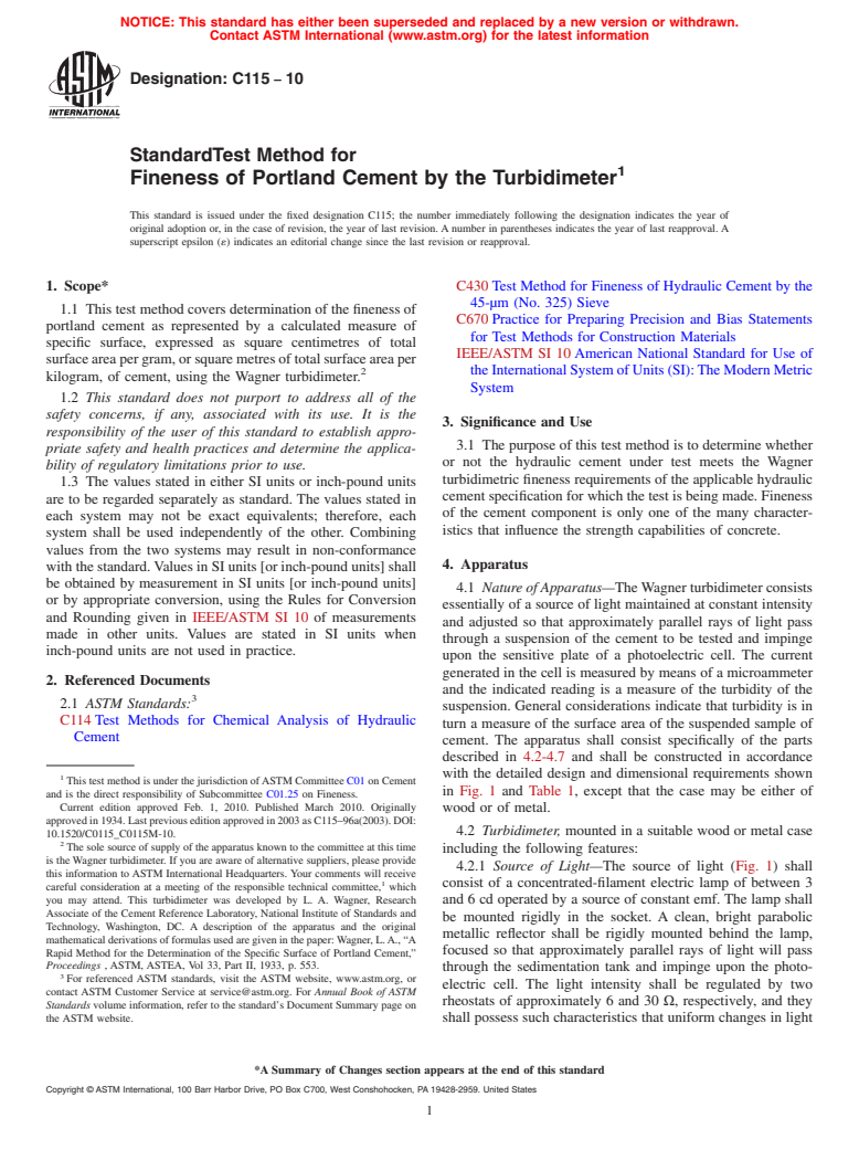 ASTM C115-10 - Standard Test Method for Fineness of Portland Cement by the Turbidimeter