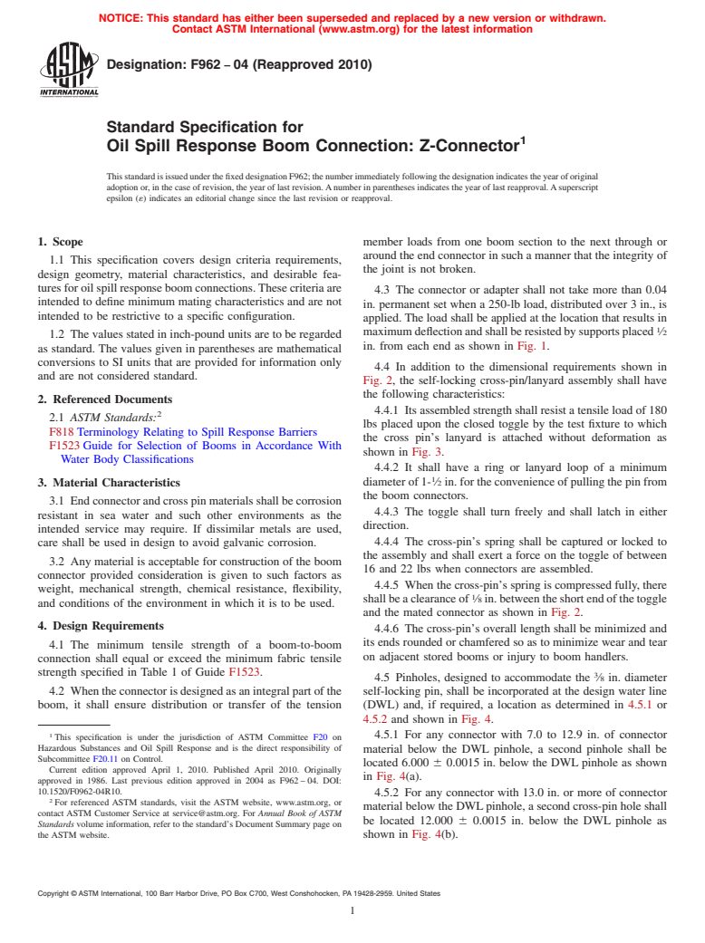 ASTM F962-04(2010) - Standard Specification for Oil Spill Response Boom Connection: Z-Connector