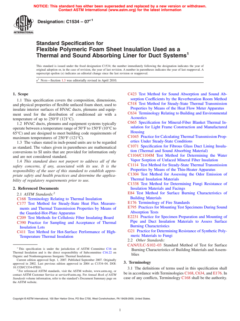 ASTM C1534-07e1 - Standard Specification for Flexible Polymeric Foam Sheet Insulation Used as a Thermal and Sound Absorbing Liner for Duct Systems