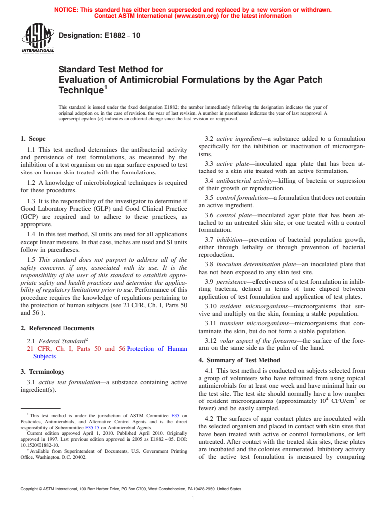 ASTM E1882-10 - Standard Test Method for Evaluation of Antimicrobial Formulations by the Agar Patch Technique (Withdrawn 2019)