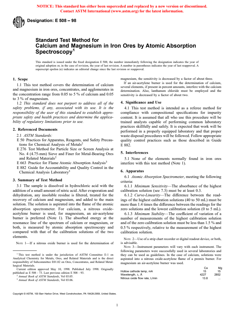 ASTM E508-98 - Standard Test Method for Calcium and Magnesium in Iron Ores by Atomic Absorption Spectrometry