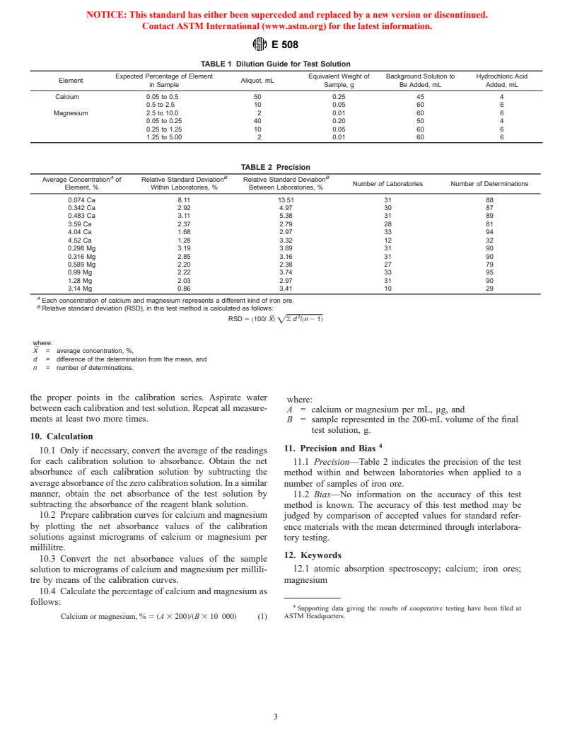 ASTM E508-98 - Standard Test Method for Calcium and Magnesium in Iron Ores by Atomic Absorption Spectrometry