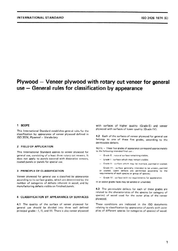 ISO 2426:1974 - Plywood -- Veneer plywood with rotary cut veneer for general use -- General rules for classification by appearance