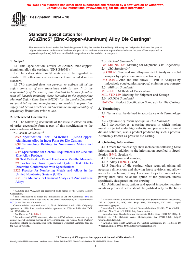 ASTM B894-10 - Standard Specification for ACuZinc5 (Zinc-Copper-Aluminum) Alloy Die Castings