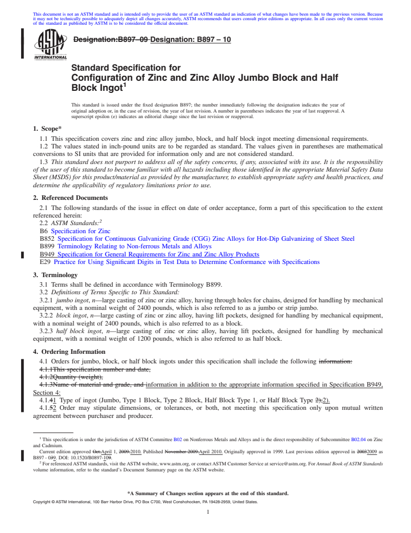 REDLINE ASTM B897-10 - Standard Specification for Configuration of Zinc and Zinc Alloy Jumbo Block and Half Block Ingot