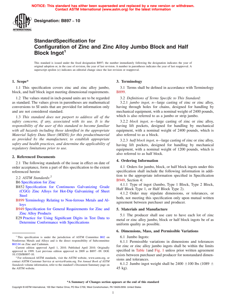 ASTM B897-10 - Standard Specification for Configuration of Zinc and Zinc Alloy Jumbo Block and Half Block Ingot