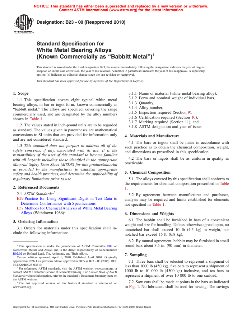 ASTM B23-00(2010) - Standard Specification For White Metal Bearing ...