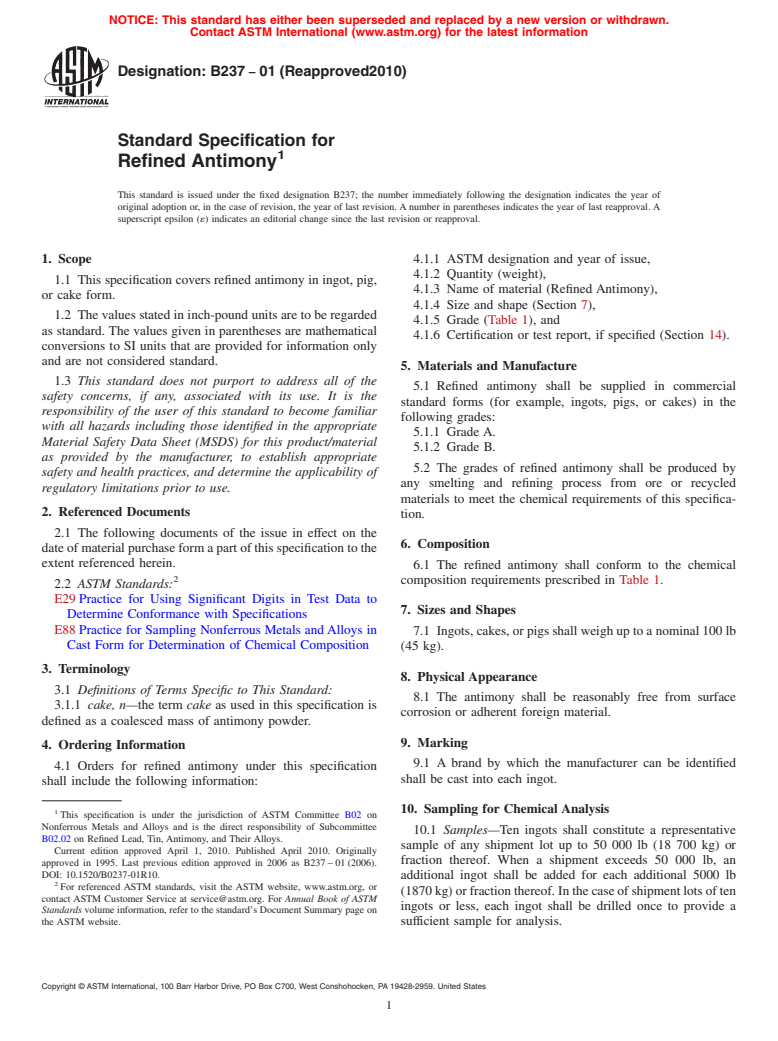 ASTM B237-01(2010) - Standard Specification for Refined Antimony