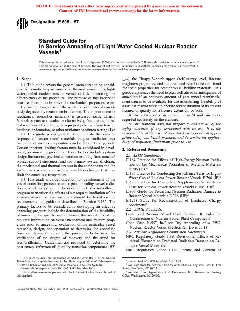 ASTM E509-97 - Standard Guide for In-Service Annealing of Light-Water Cooled Nuclear Reactor Vessels