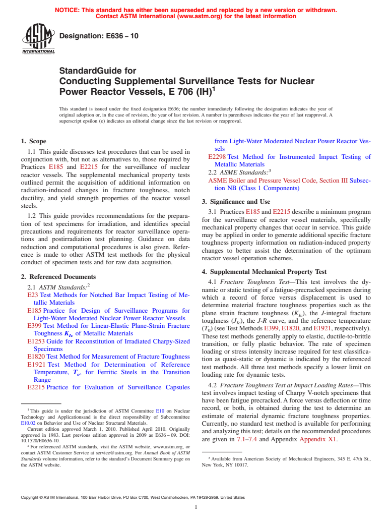 ASTM E636-10 - Standard Guide for Conducting Supplemental Surveillance Tests for Nuclear Power Reactor Vessels, E 706 (IH)