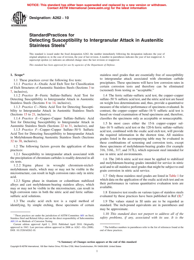 ASTM A262-10 - Standard Practices for  Detecting Susceptibility to Intergranular Attack in Austenitic Stainless Steels