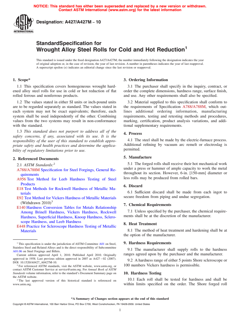 ASTM A427/A427M-10 - Standard Specification for  Wrought Alloy Steel Rolls for Cold and Hot Reduction