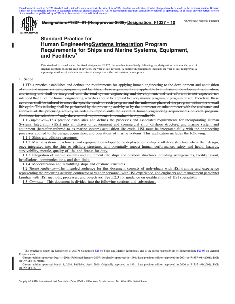 REDLINE ASTM F1337-10 - Standard Practice for Human Engineering Program Requirements for Ships and Marine Systems, Equipment, and Facilities