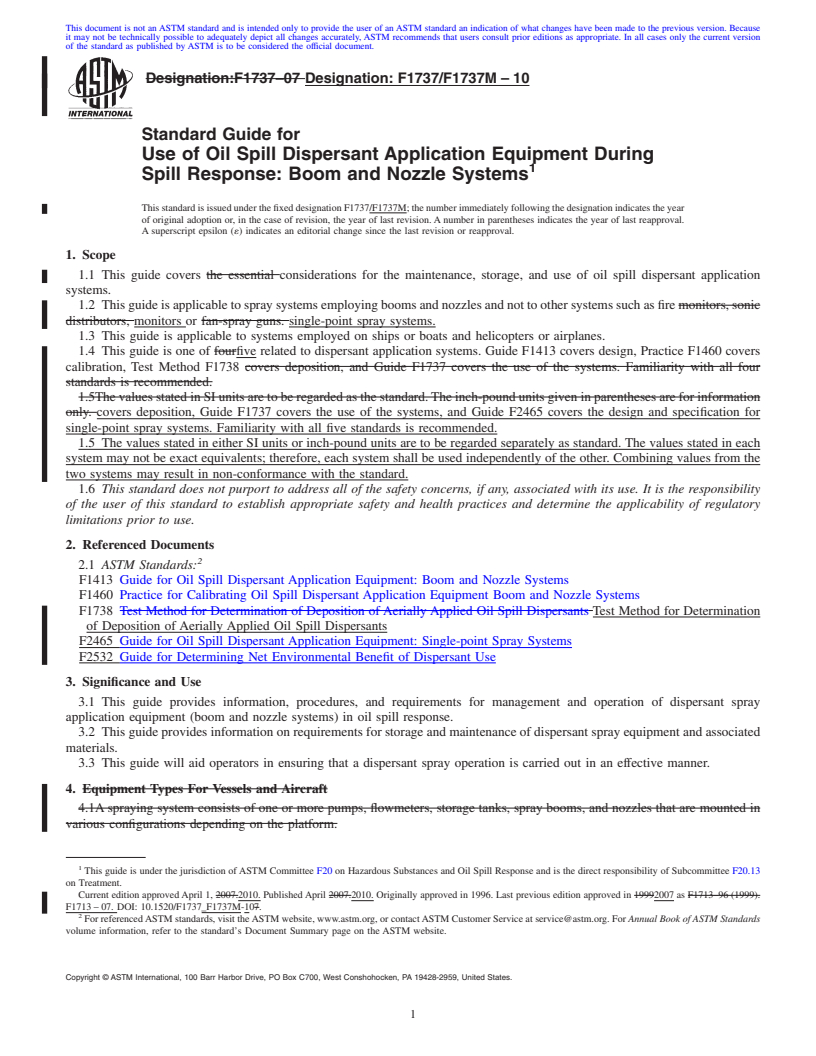 REDLINE ASTM F1737/F1737M-10 - Standard Guide for Use of Oil Spill Dispersant Application Equipment During Spill Response: Boom and Nozzle Systems