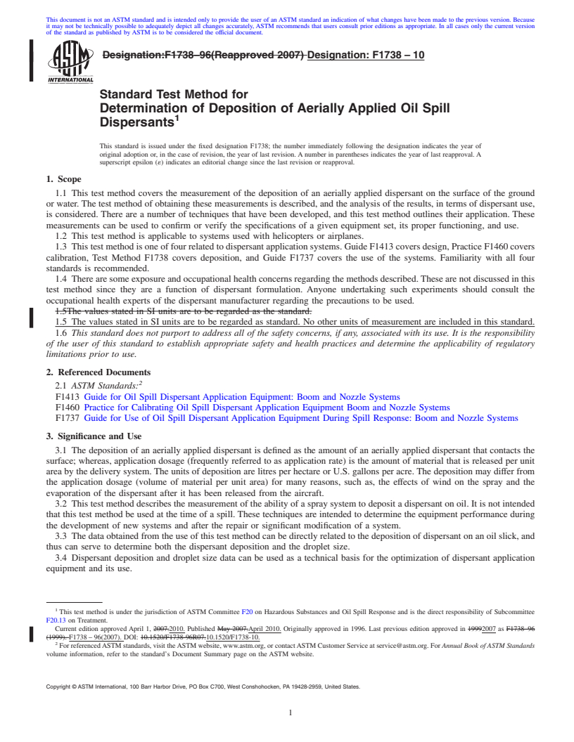 REDLINE ASTM F1738-10 - Standard Test Method for Determination of Deposition of Aerially Applied Oil Spill Dispersants