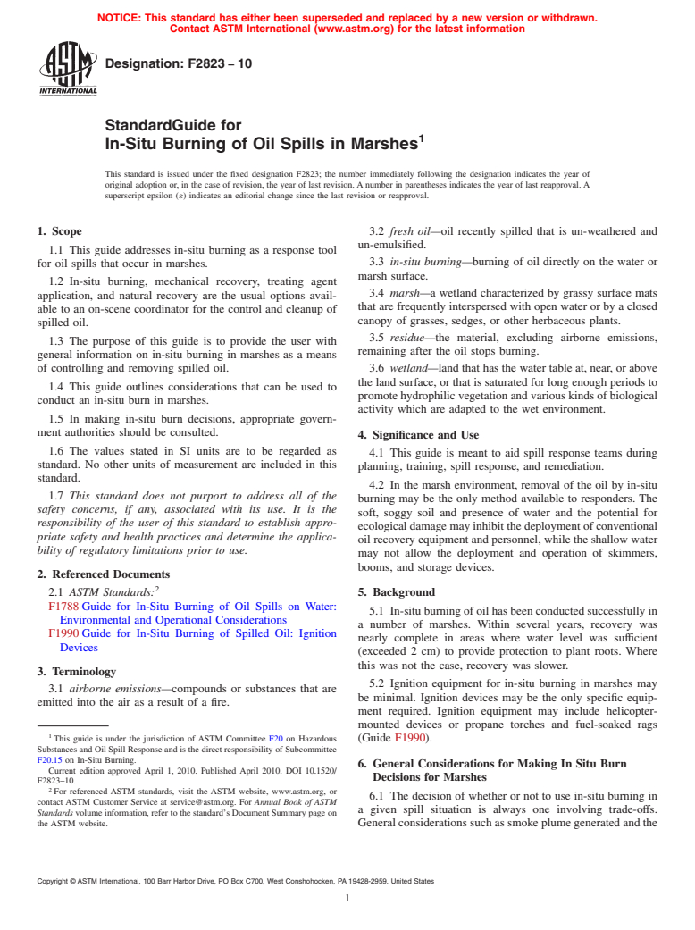 ASTM F2823-10 - Standard Guide for In-Situ Burning of Oil Spills in Marshes
