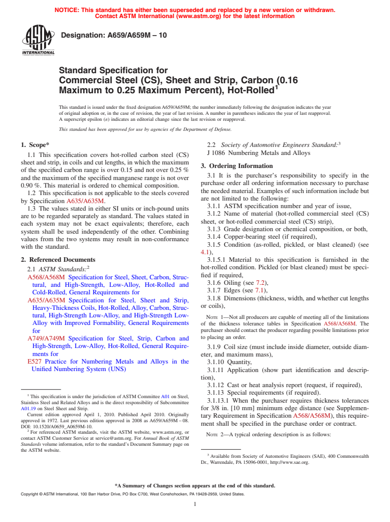 ASTM A659/A659M-10 - Standard Specification for Commercial Steel (CS), Sheet and Strip, Carbon (0.16 Maximum to 0.25 Maximum Percent), Hot-Rolled