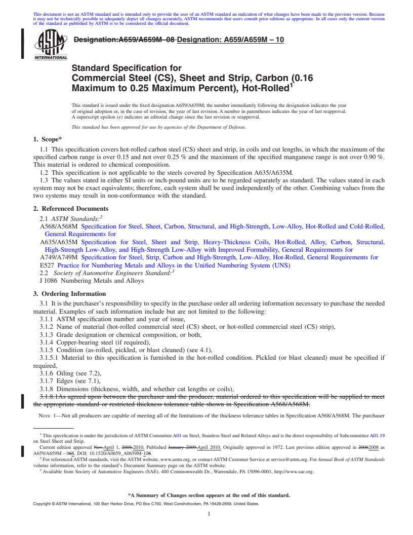 REDLINE ASTM A659/A659M-10 - Standard Specification for Commercial Steel (CS), Sheet and Strip, Carbon (0.16 Maximum to 0.25 Maximum Percent), Hot-Rolled