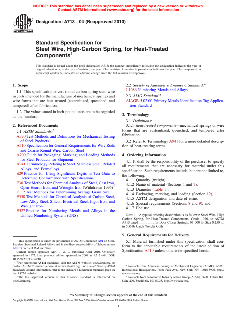 ASTM A713-04(2010) - Standard Specification for Steel Wire, High-Carbon Spring, for Heat-Treated Components