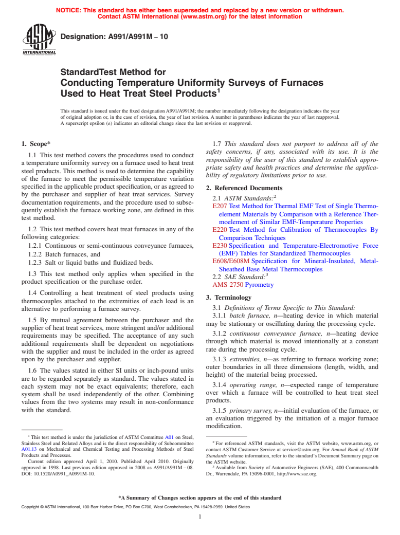 ASTM A991/A991M-10 - Standard Test Method for Conducting Temperature Uniformity Surveys of Furnaces Used to Heat Treat Steel Products