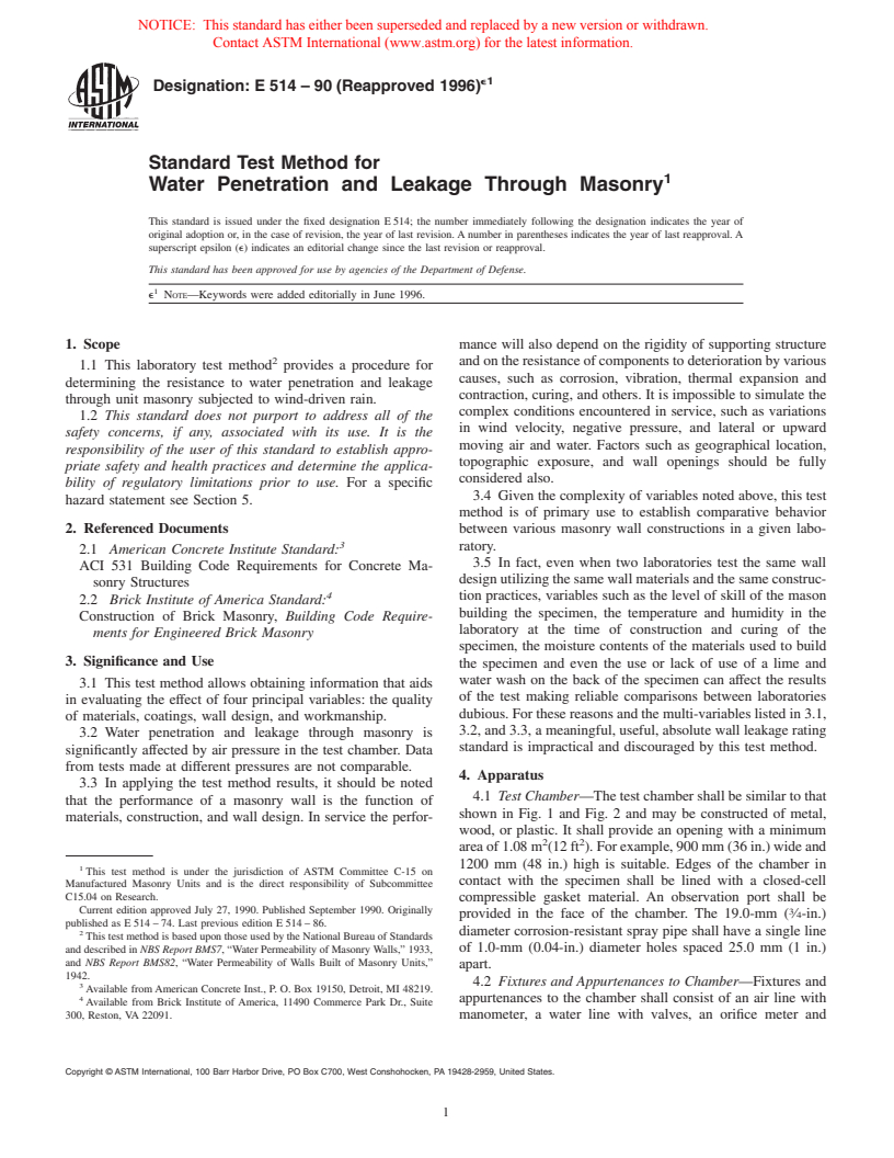 ASTM E514-90(1996)e1 - Standard Test Method for Water Penetration and Leakage Through Masonry