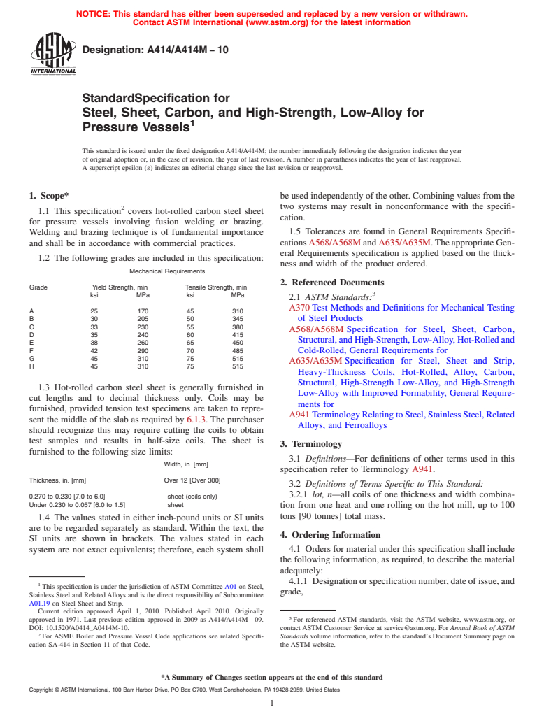 ASTM A414/A414M-10 - Standard Specification for  Steel, Sheet, Carbon, and High-Strength, Low-Alloy for Pressure Vessels